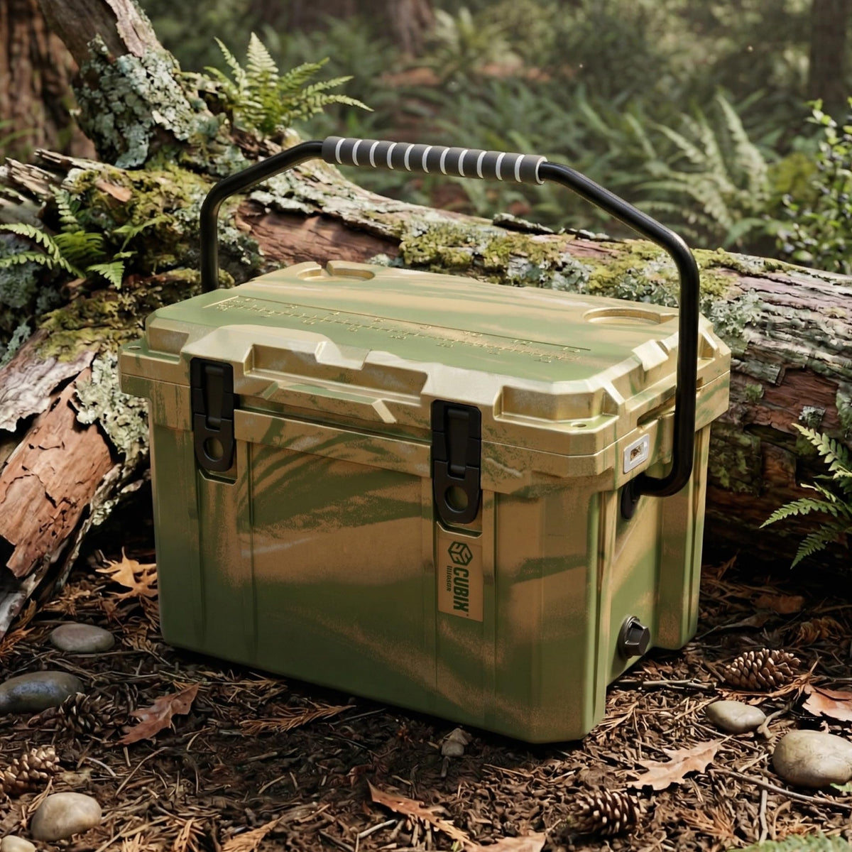 Cubix Outdoors, QuadraX 20QT Rotomolded Personal Small Cooler, Insulated Portable Hard Cooler Camping Ice Chest, Holds Ice for 72 Hours for Outdoor Activities, 2 Built-in Cup Holders, Hunter Camo