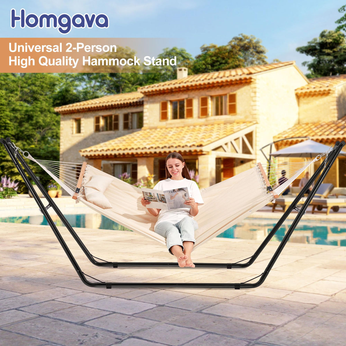 Homgava Universal 2-Person Hammock Stand, 660LBS Capacity,Heavy Duty Steel Hammock Stand, Fits 9.6-14ft Hammocks, Indoor and Outdoor Universal Hammock Stands,Black