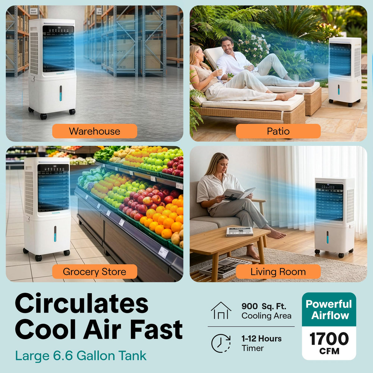 SereneLife Tower Fan, Smart Stand Up Bladeless Tower Fan with WiFi and Remote Control, 1700 CFM High Velocity Output, 25 Liter Detachable Water Tank, Boosted AC Flow with 4 Ice Packs Included