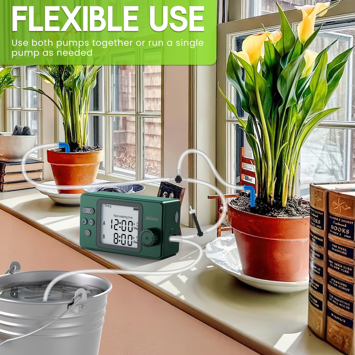 Automatic Watering System Dual Pump for Indoor Plants, Built-in Rechargeable Battery, Two Independent Water Zones, Worry-Free Vacation Drip Irrigation Kit, Water-Saving Smart Plant Waterer, Green