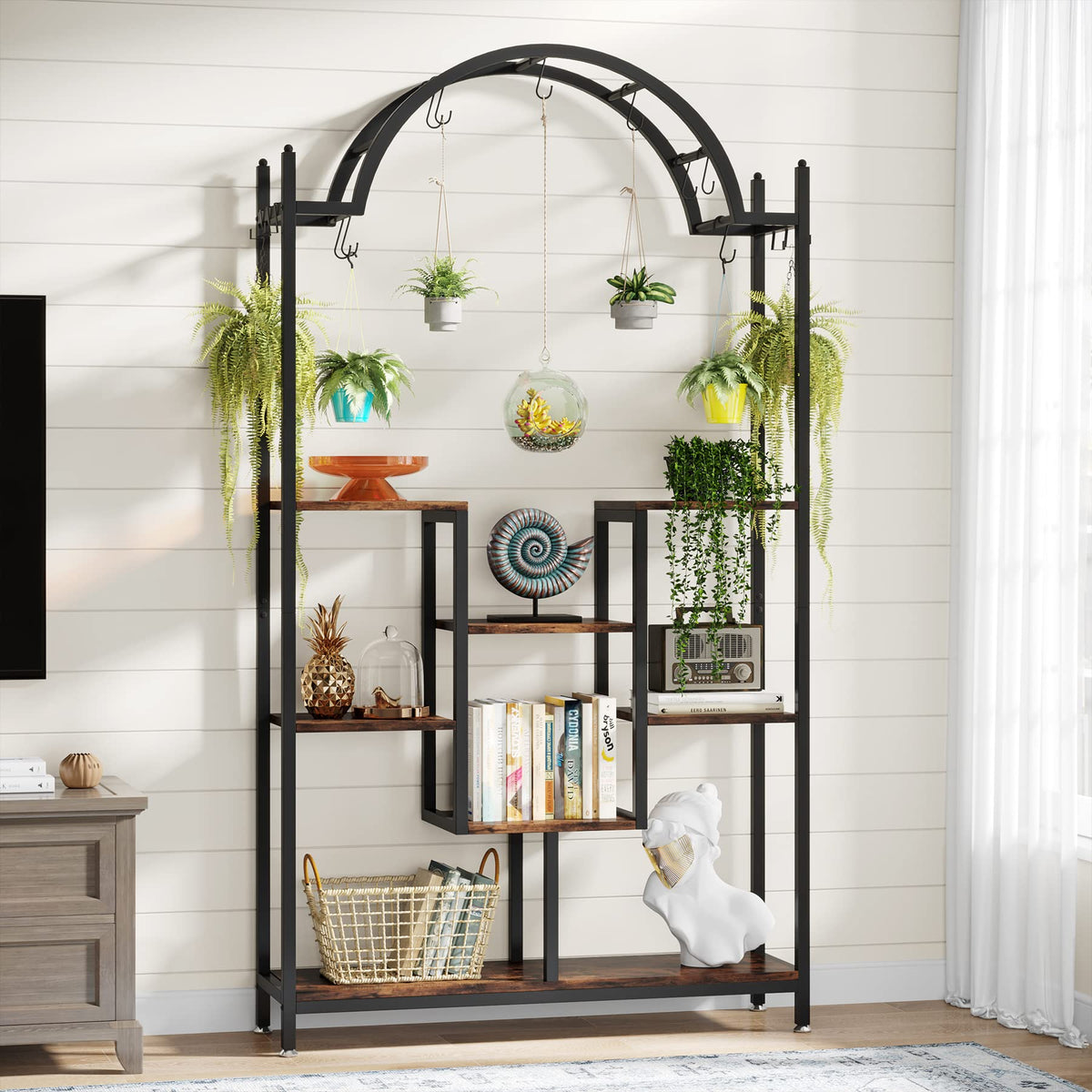 Tribesigns 5-Tier Tall Indoor Plant Stand, 74.8'' Arched Metal Flower Shelf with Hanging Hooks, Large Bonsai Pots Display Rack for Indoor, Balcony, Living Room