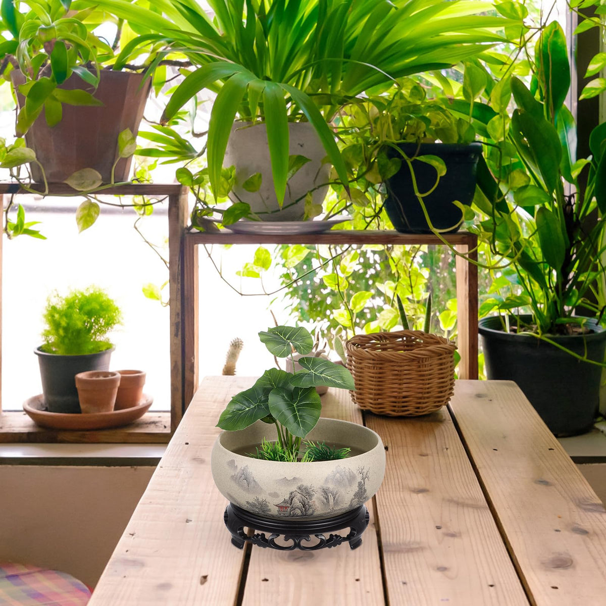Water Lily Bowl Planter - Narcissus Bonsai Pot Ceramics Hydroponic Lotus Planter Ceramic Water Lily Pot with Stand No Drainage Plant for Plants Display Lucky Bamboo Home Garden Chinese Fish Bowl