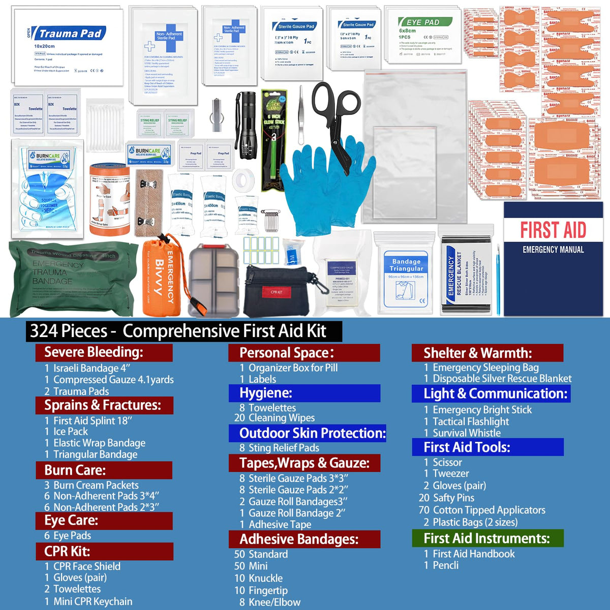 Besst Survivor Comprehensive First Aid Kits- Advanced Trauma Kits with Labeled Compartments, Large Emergencies Medical Kits for Car, Home, Camping and Outdoor Emergencies -324Piece Set