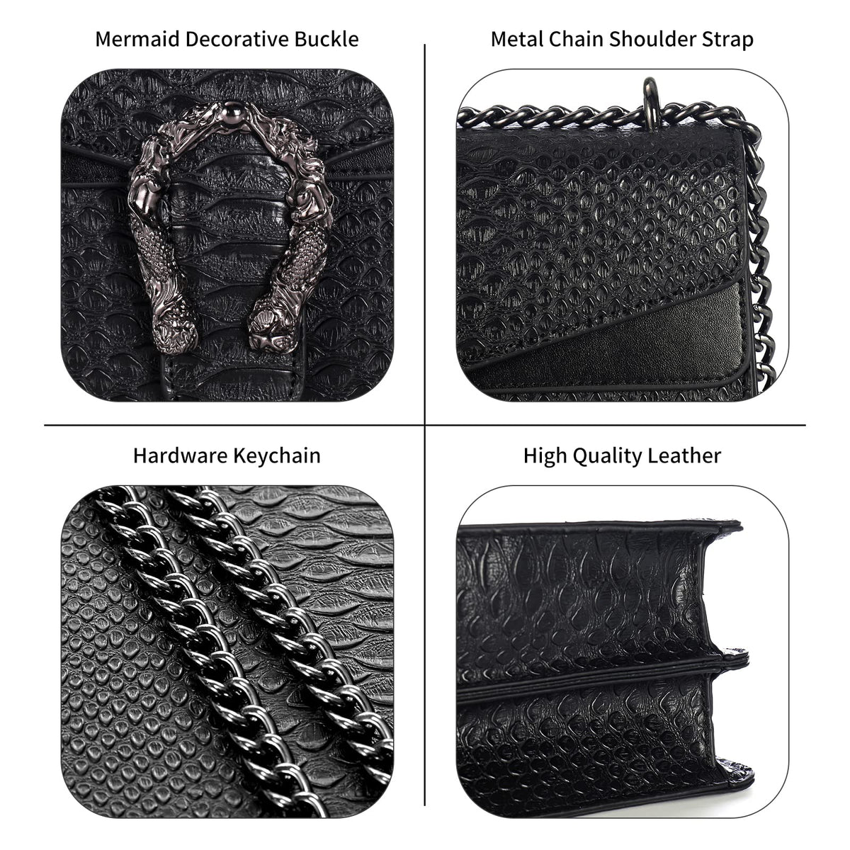 Leather Shoulder Bag Chain Purse for Women - Fashion Crossbody Bags Vintage Snake Print Underarm Bag Square Satchel Clutch Handbag（Black）