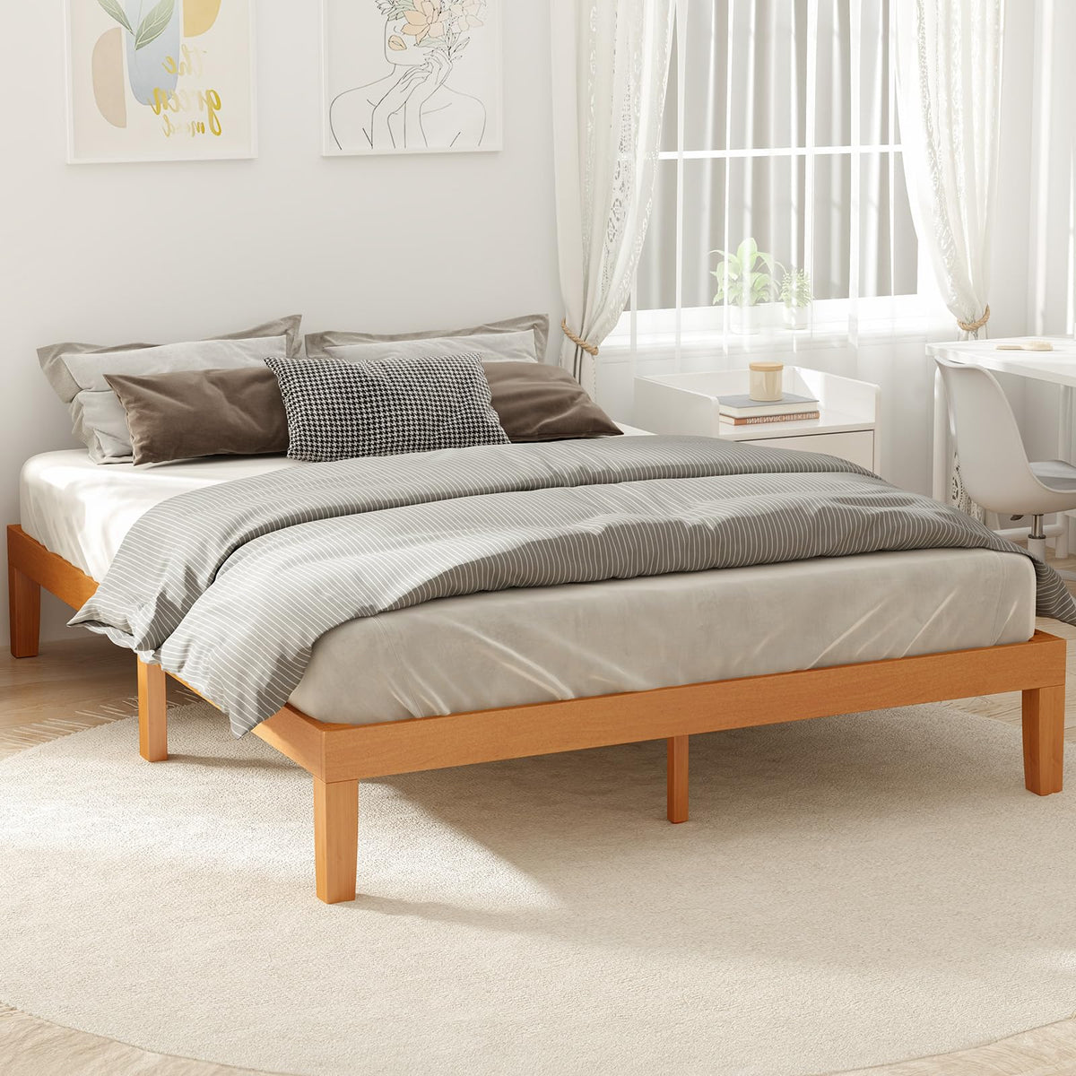 Sweetcrispy Queen Wood Platform Bed Frame, Solid 1000LBS Heavy Duty Bed Base with Wooden Slat Support, Sturdy, Stylish & Noise-Free Design, No Box Spring Needed, 12IN Natural Pine