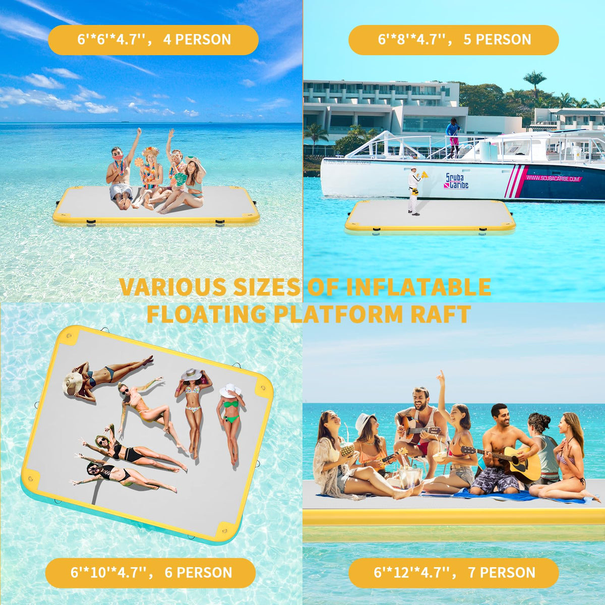 GONFLABLE 8x6ft Inflatable Floating Dock, Inflatable Water Platform Raft with Air Pump & Storage Bag, Floating Island Mat for Pool Lake Beach Ocean (Yellow, 8 x 6ft)