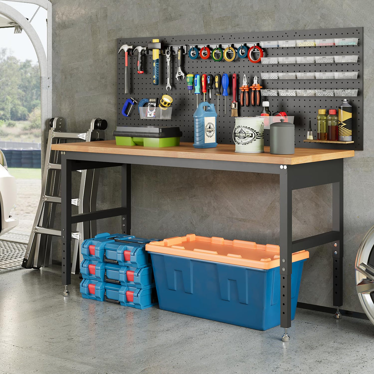 60" Adjustable Height Garage Workbench, 2200 LBS Capacity Solid Wood Work Bench Table, Heavy Duty Work Station for Garage, Shop, Home, Office
