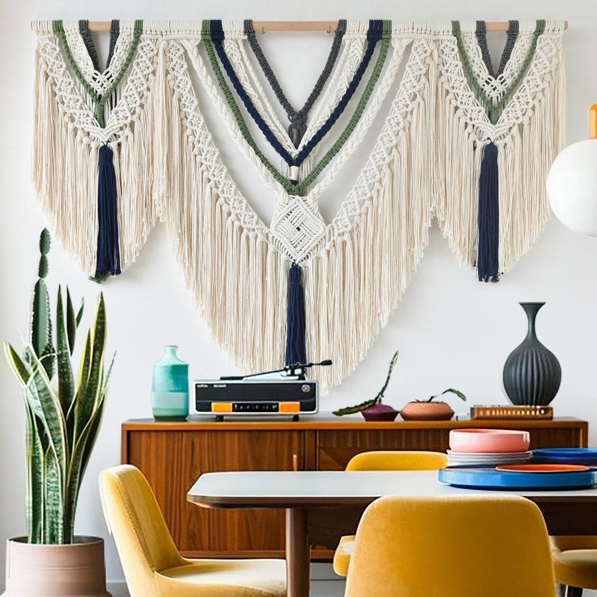 Jakalin Macrame Wall Hanging Boho Wall Decor Yarn Wall Art For Bedroom Living Room, Ivory Blue Green