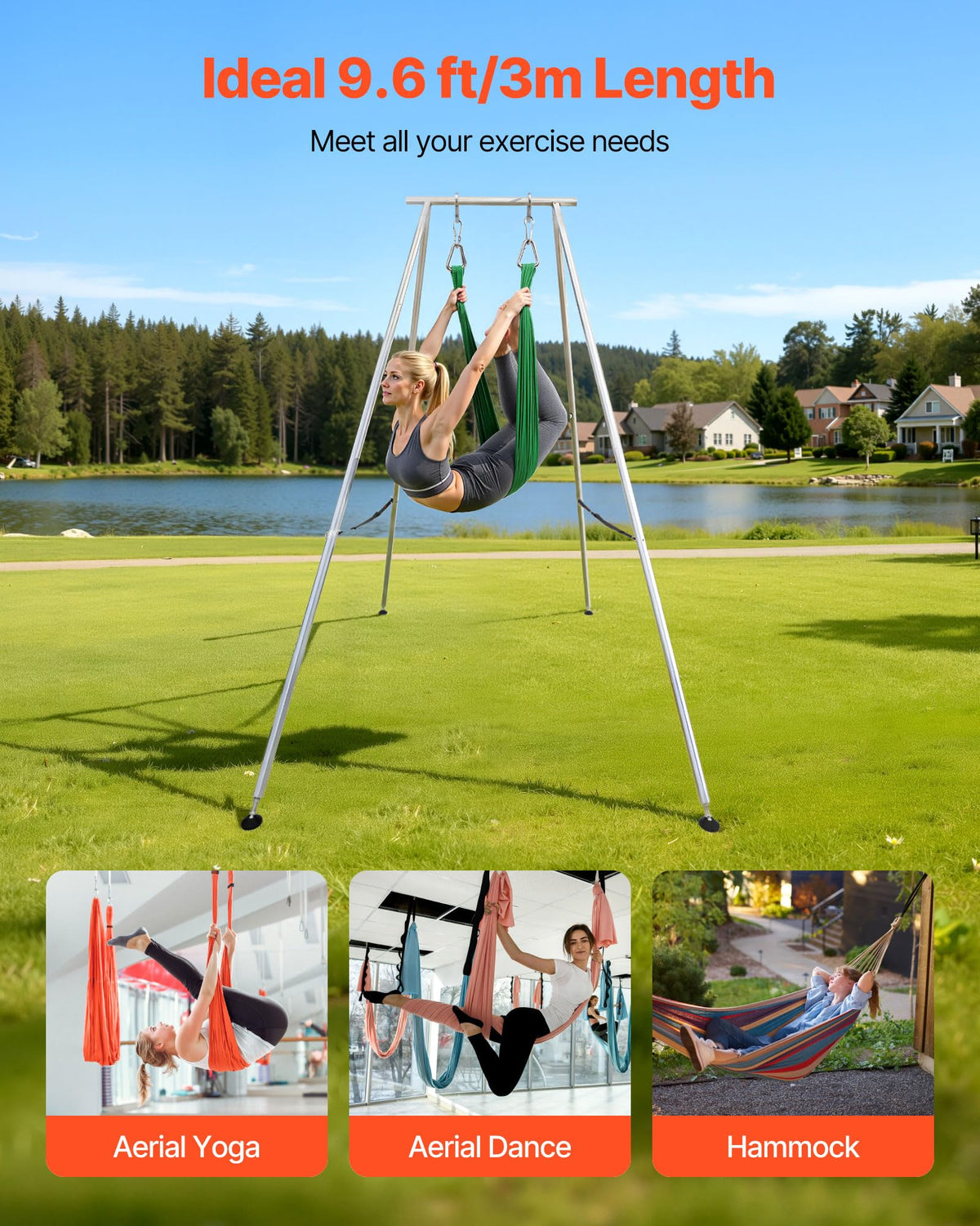 VEVOR Yoga Stand Frame, 9.6 ft Length Swing Stand, Max 551.2 lbs Load Triangular Structure Aerial Rig, Aerial Silk Stands for Yoga Enthusiasts, Non-Slip Base, Lightweight, Detachable Design