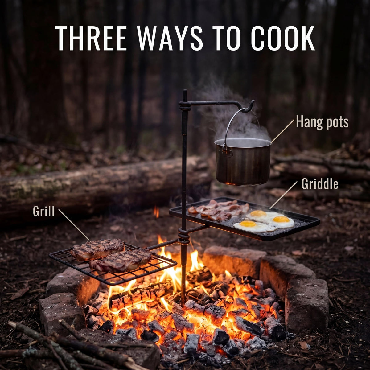 BATTLBOX Bushcraft Grill Set, Steel Campfire Cooking Grate Swivel Grill For Outdoor BBQ Open Fire, Packable Campfire Cook Set, Heavy Duty Open Fire Swivel Camping Cooktop, Canvas Bag