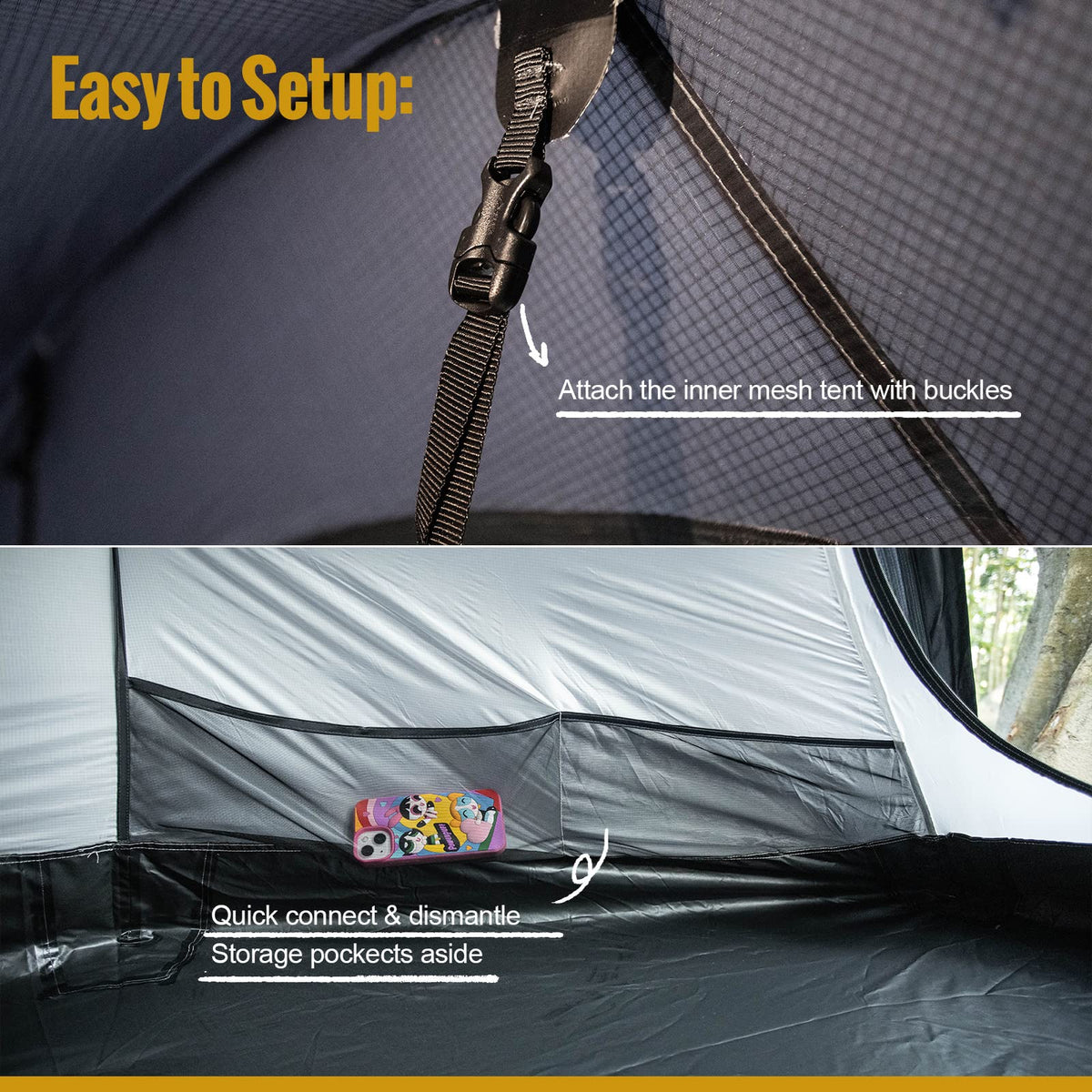 OneTigris COMETA Camping Tent, Detachable Inner Mesh Tent & Portable Carry Bag Included, Easy Setup, Waterproof Windproof Tunnel Tent for Outdoors Camping Canoeing Beach Travel Picnic (Black)