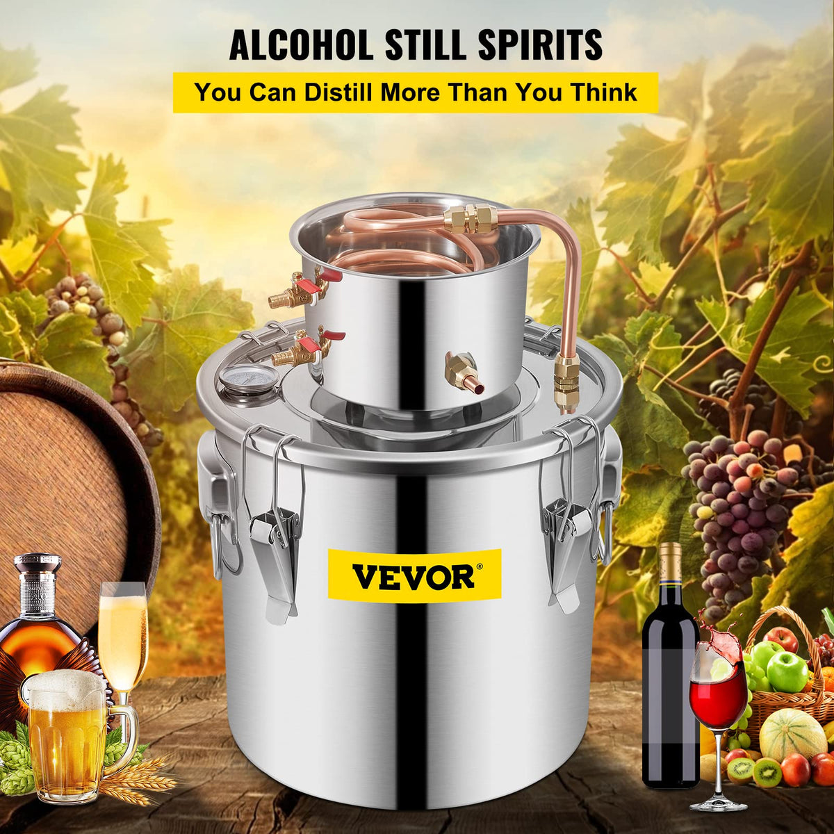 VEVOR Alcohol Still 8Gal/30L Alcohol Distiller Stainless Steel Distillery Kit for Alcohol With Copper Tube & Pump Home Brewing Kit Build-in Thermometer for DIY Whisky Wine Brandy