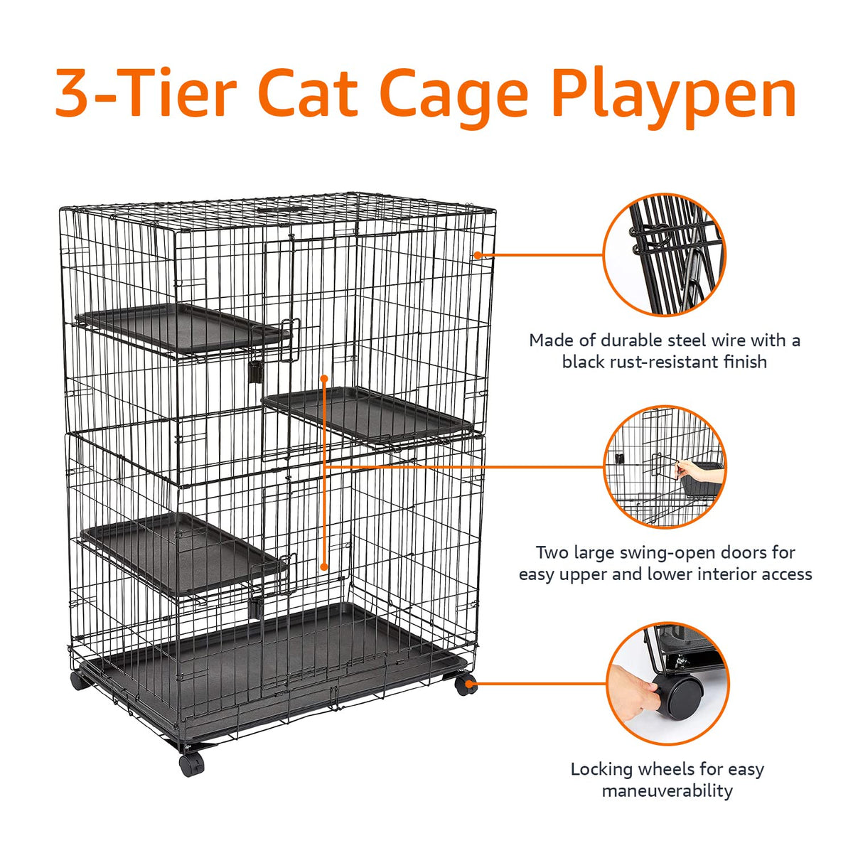 Amazon Basics Large 3-Tier Cat Cage Playpen with Easy to Clean Removable Tray, Front Doors, Portable, Foldable, 35.8" x 22.4" x 50.6", Black