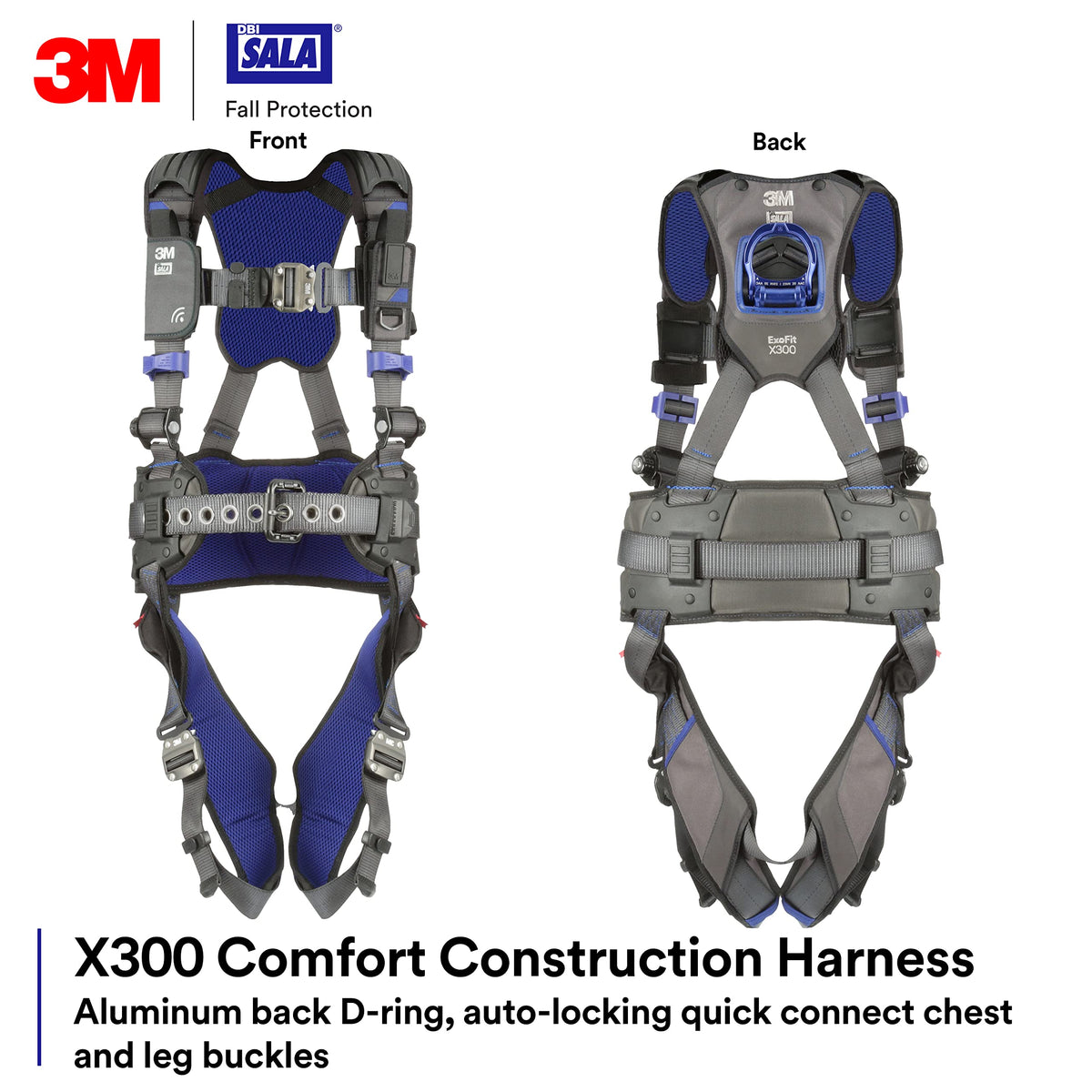 3M 1403071 DBI-SALA ExoFit X300 Comfort Construction Safety Harness Fall Protection, OSHA, ANSI, Lightweight Aluminium Back D-Ring, Auto-Locking Quick Connect Chest and Leg Buckles, Medium