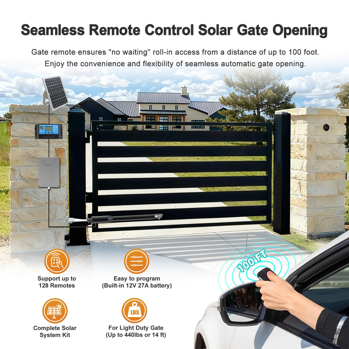 Gyxel C01-L Solar Gate Opener Kit with Batteries & Solar Panel for Single Swing Gate Up to 14ft Long or 440lb, Automatic Gate Openers for Driveway Single Swing Gate with Long-Range Gate Opener Remote