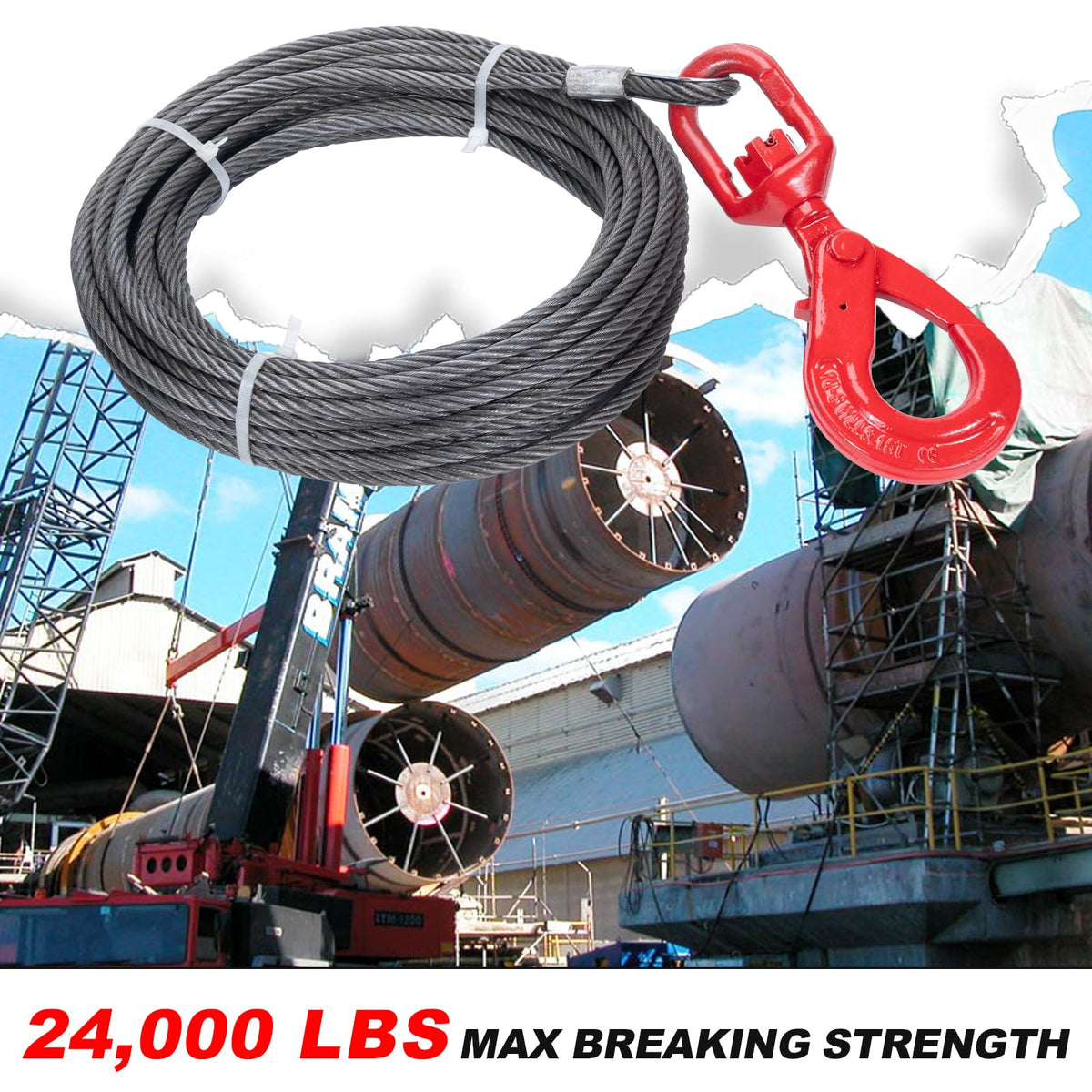 SajoSolid Winch Rope with Safty Hook, 1/2 Inch x 75 Feet Heavy-Duty Tow Cables with Hooks, 6×25 Stranded Steel Core Winch Cable, 24,000 lbs Breaking Strength for Trailers and Cranes