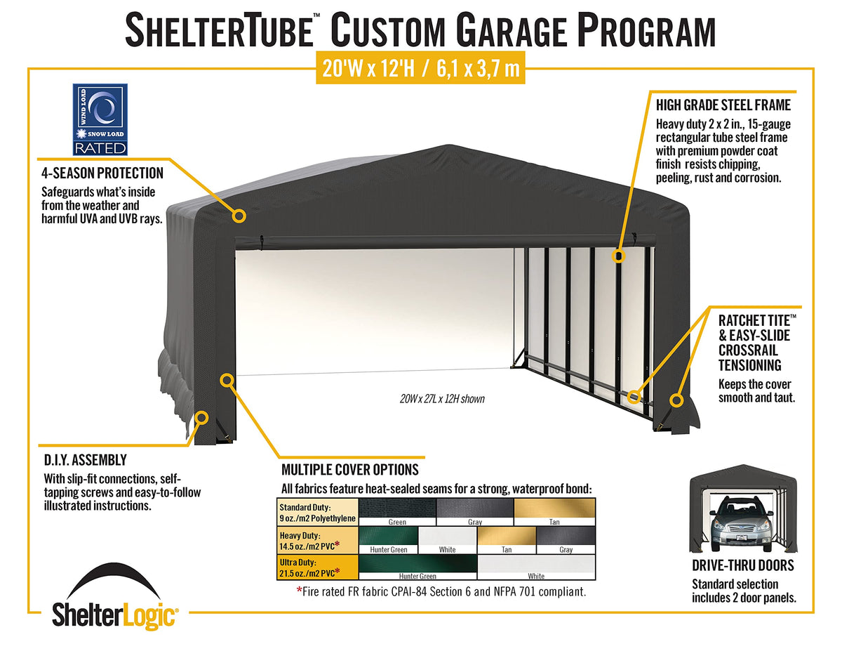 ShelterLogic ShelterTube Garage & Storage Shelter, 20' x 23' x 12' Heavy-Duty Steel Frame Wind and Snow-Load Rated Enclosure, Gray