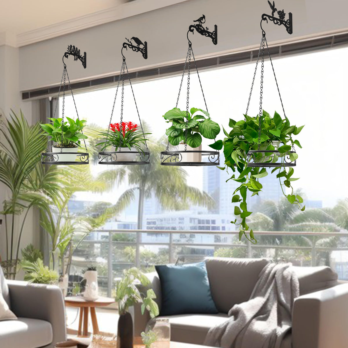 4-Pack Aesthetic Wall Plant Hanger Indoor and Outdoor – 10 Inch Metal Hanging Plant Bracket with Beautiful Bird Pattern – Heavy Duty Plant Hooks for Hanging Plants, Bird Feeder, Wind Chime, Lantern