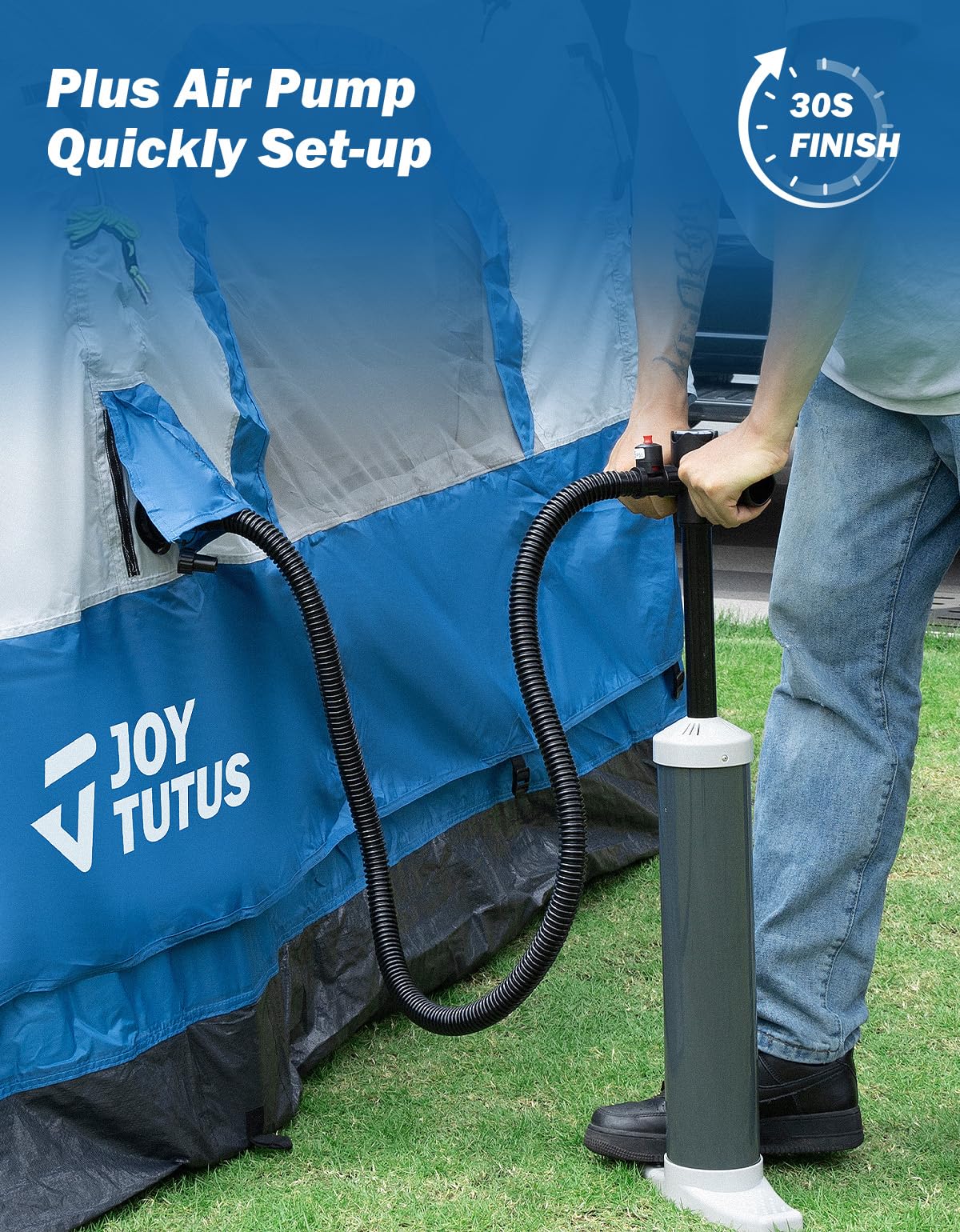 JOYTUTUS Inflatable Truck Bed Tent 6.5FT with Awning, Includes Air Pump for Quick 30 S Setup, Dual-use Pickup or Camping Tent for 2 Person, Waterproof Roof Shade and 3 Windows, Gray Blue