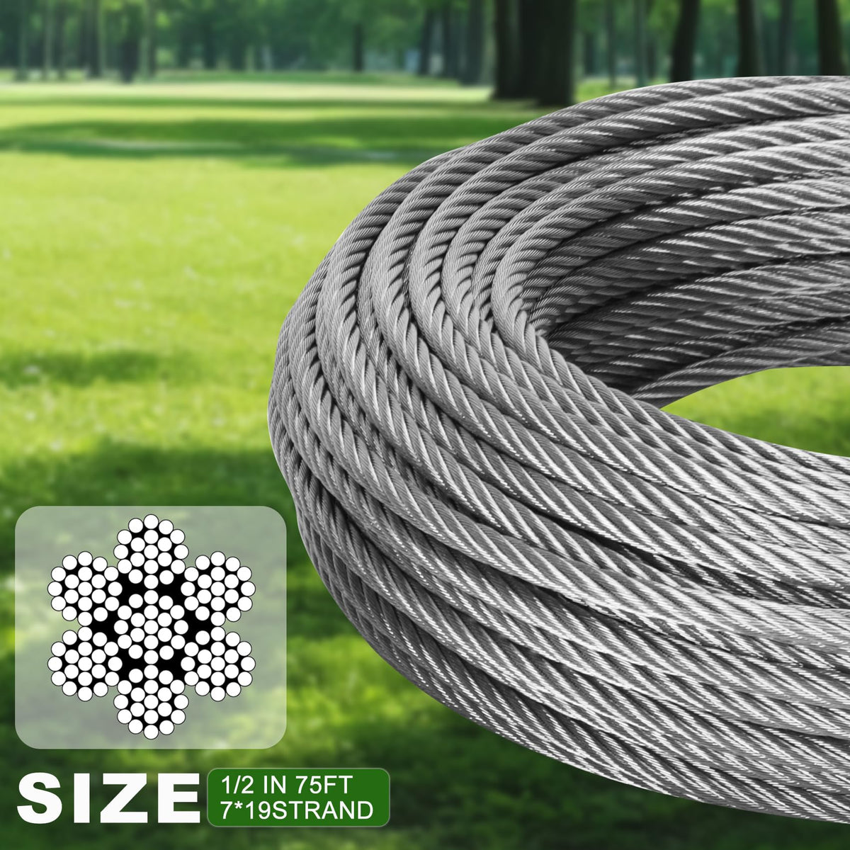 Mariocsa 1/2" Stainless Steel Cable 75FT, 7x19 Strands Wire Rope Cable with 23000 lbs Breaking Strength, Stainless Steel Wire Rope with M12 Clips Clamp and Thimbles for Boat Lift Cable, Winch Cable