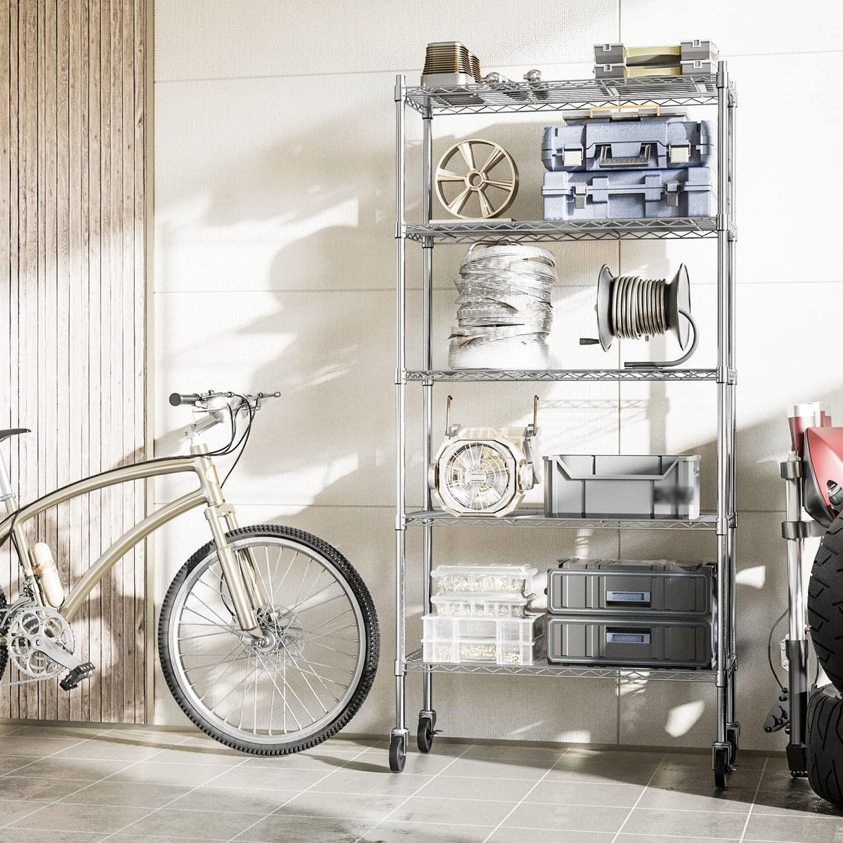Auslar 5-Shelf Storage Shelves with Casters Heavy Duty 5 Tiers Rolling Cart Utility Racks Adjustable Wire Metal Shelving, 14" x 36" x 76.5", Chrome