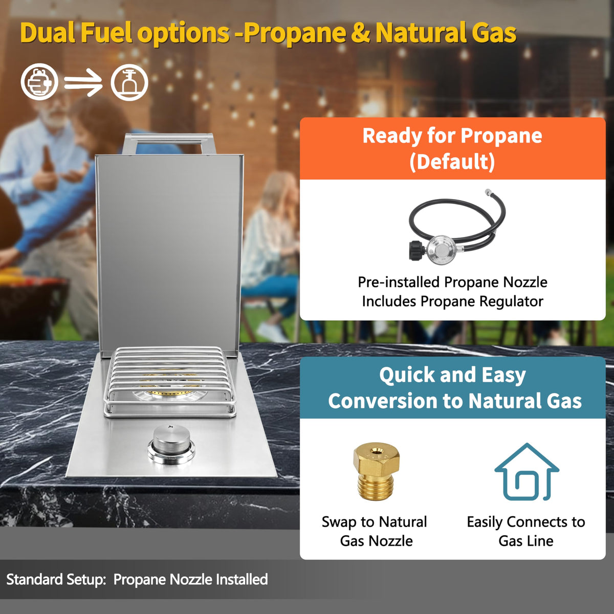 Built-in Single Grilling Side Burner for Outdoor Grill, Heavy-Duty 304 Stainless Steel, Drop-in Side Burner With Cover, 15,000BTU Propane & Natural Gas, Single Side Burner for Family Patio Parties