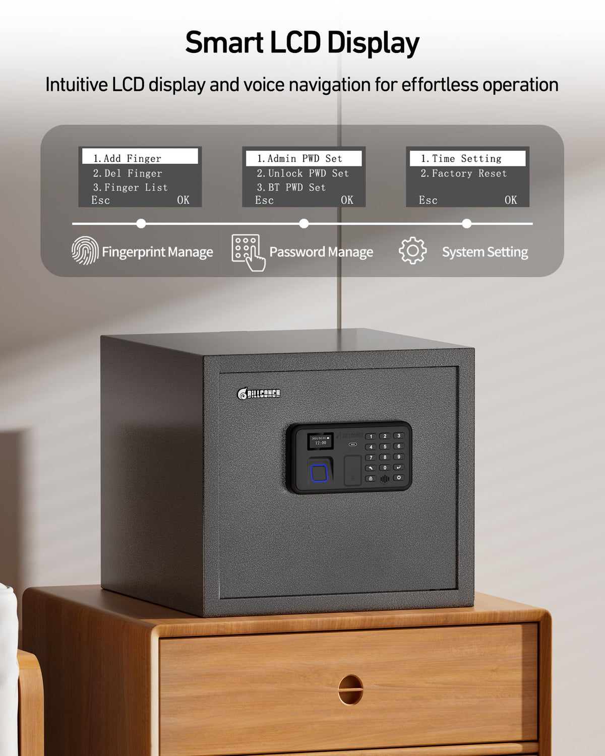 Billconch Smart Gun Safe for Multiple Pistols - Automatic Lock Safe Box with LCD Display/Voice Guide, Quick Access Unlock with Fingerprint/Keypad/Key/App, Biometric Handgun Safe for Money Valuables