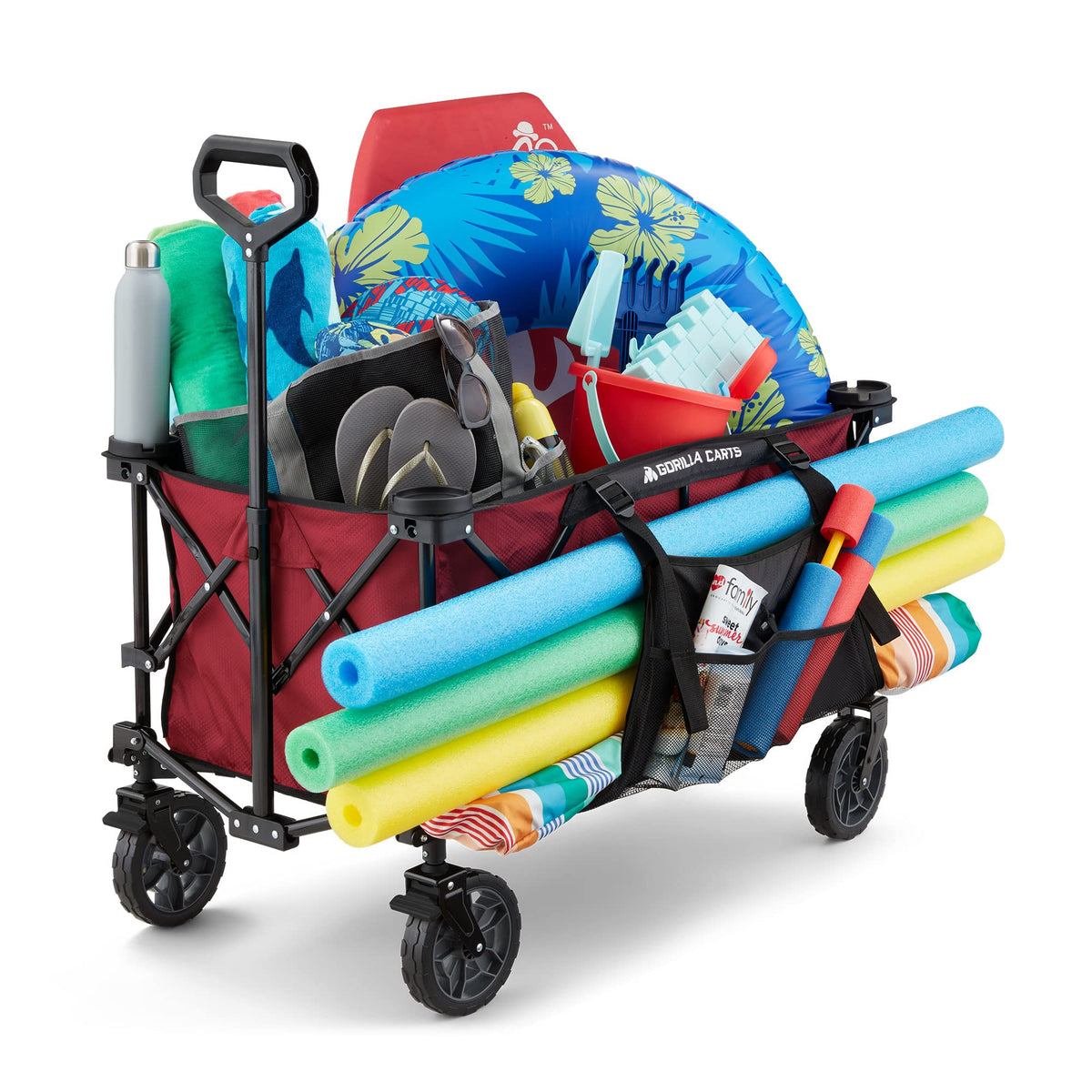 Gorilla Carts Collapsible Folding Outdoor Utility Wagon, 7 Cu Ft Oversized Bed, 150 lb Load Rating, Red – Foldable Rolling Cart w/ Pockets & Cup Holders for Beach, Camping, Sports or Picnic
