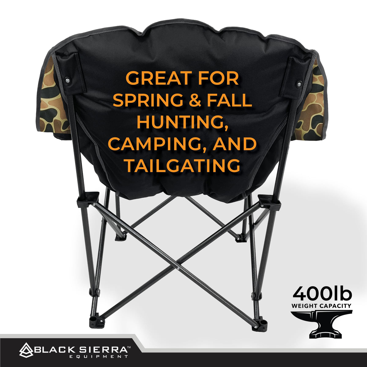 Black Sierra Heated Plush Fleece XL Padded Camping Chair for Adults, Oversized Heavy Duty Folding Seat with 3‑Level Heat & Battery Pack, Supports 400 lbs, Cup Holders & Carry Bag for Camping & RV