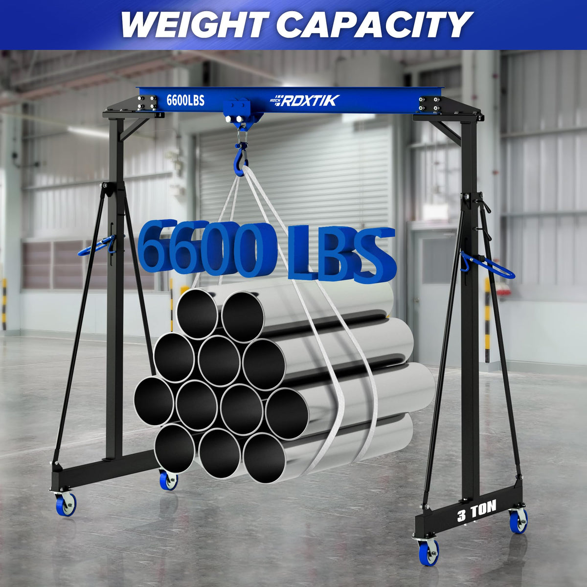 RDXTIK 3 Ton 6600LB Gantry Crane, 3 Ton Manual Trolley, 9.06FT Max Width, Portable Shop Crane with 8.53-12.47 FT Adjustable Height, Dark Blue