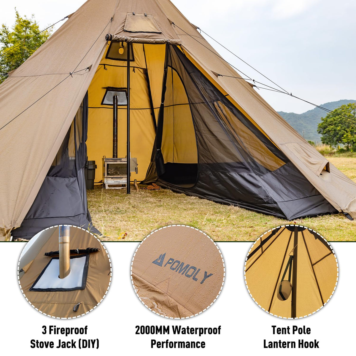 POMOLY Tipi Tent Camping Hot Tents, Bromance 70 Pyramid with 3 Stove Jacks for 2-4 Person Hiking Hunting (Without Inner Tent)