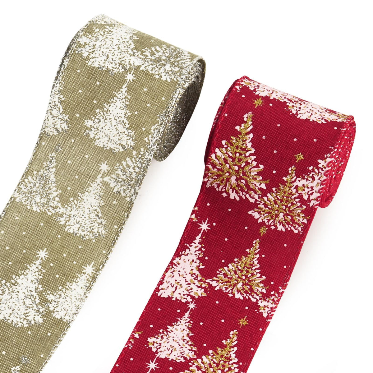 Threetols 2 Rolls 10 Yards Christmas Wired Edge Ribbons, 2.5inch Red Brown Ribbons, Glitter Christmas Tree Snowflake Ribbon for Winter Xmas Party DIY Craft Wreath Bow Decor