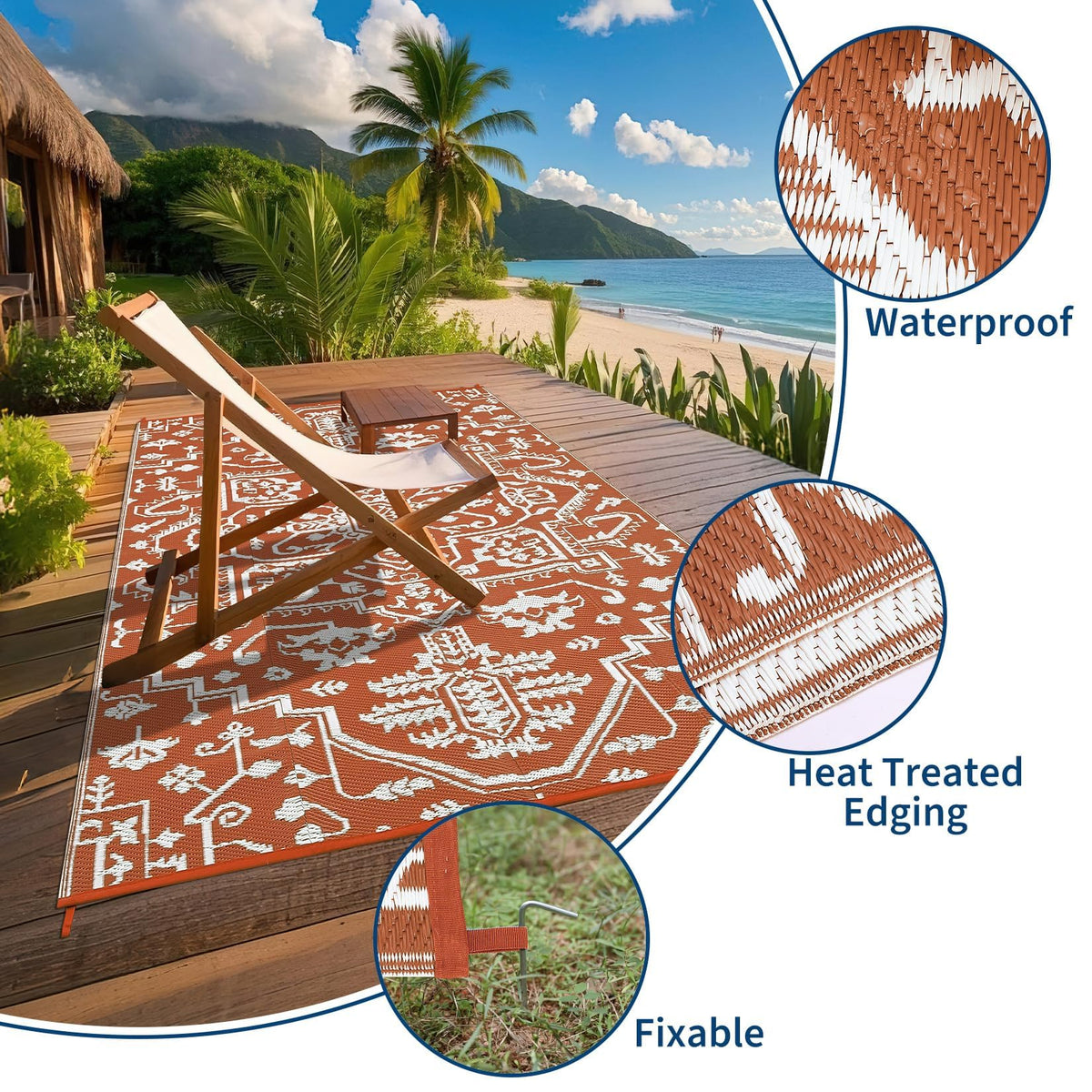 IDEALHOUSE Outdoor Rug 9x18 Ft, Waterproof Plastic Reversible Rug, Persian Style Camping Mat for Outdoors, RV, Patio, Backyard, Deck, Picnic, Beach, Trailer(Orange Red & White)