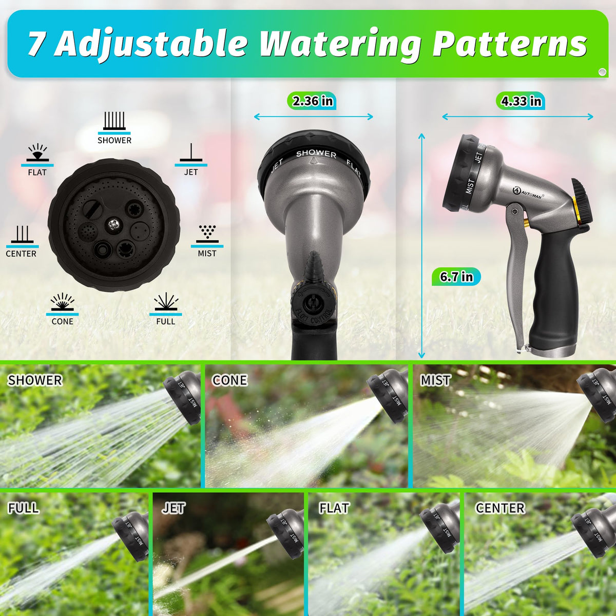 AUTOMAN Garden Hose Nozzle - 7 Patterns Sprayer, 100% Metal High Pressure Spray Nozzle, Labor-Saving Design, Heavy Duty Water Hose Nozzle for Garden Watering, Car Washing, Window Cleaning,Pets Bathing