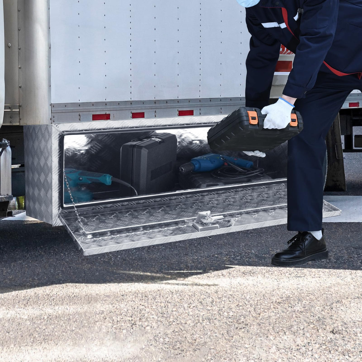 VEVOR Underbody Truck Box, 48"×17"×18" Pickup Storage Box, Heavy Duty Aluminum Diamond Plate Tool Box with Lock and Keys, Waterproof Trailer Storage Box with T-Handle Latch for Truck, Van, Trailer