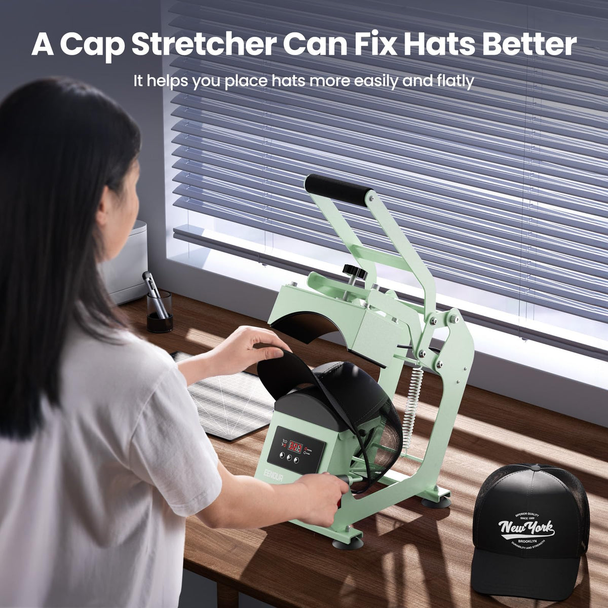 Hat Press Heat Machine for Caps with 2 Platens, Precise Temp&Timer Control, Hat Heat Press with Timer Auto Starter, Sublimation Hat Press for Trucker Hat & Iron on Vinyl, Heat Transfer (Light Green)