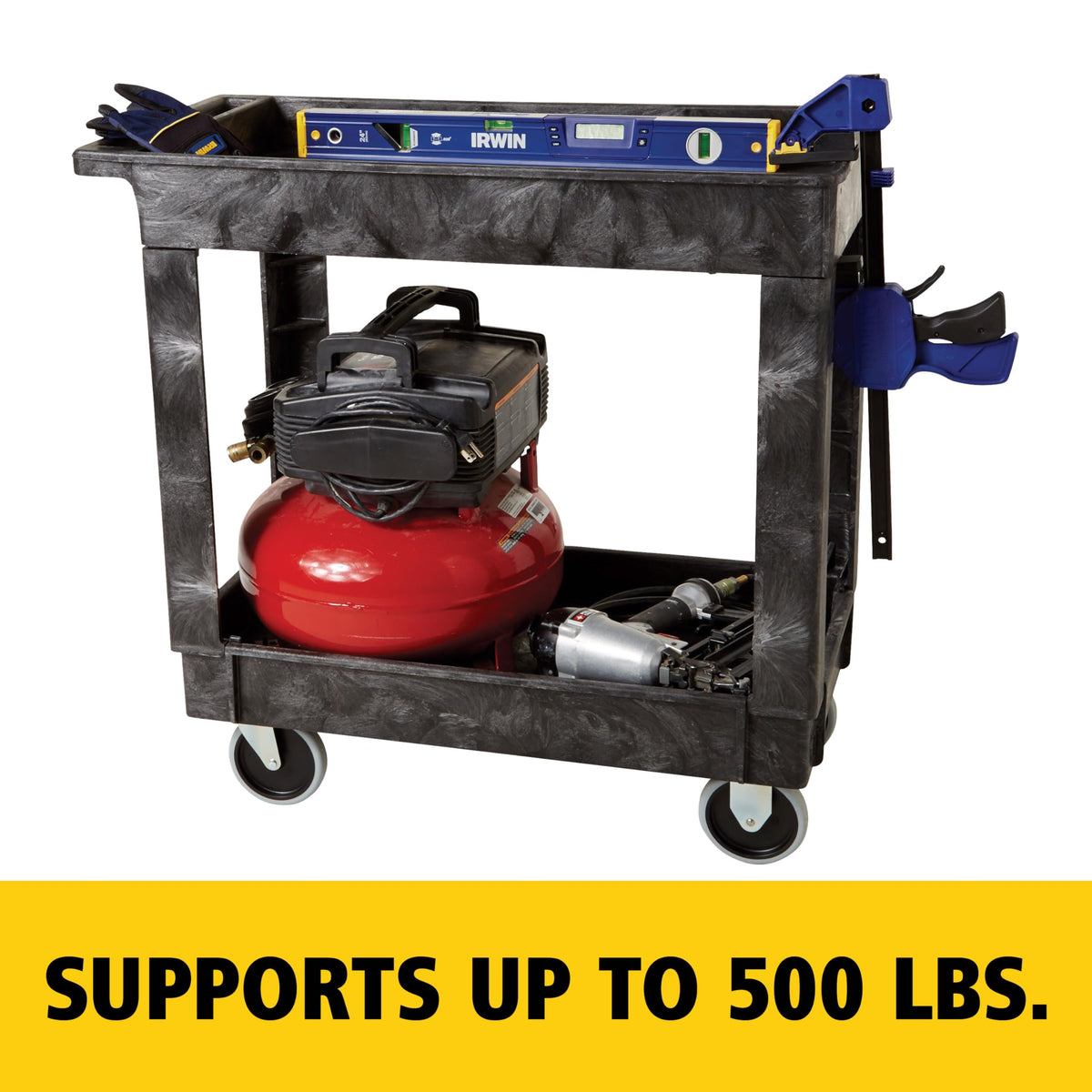 Rubbermaid Commercial Products 2-Shelf Service/Utility Cart with Wheels, 300-Pound Capacity, Black, Lipped Shelves with Handle, Use in School/Restaurant/Warehouse/Manufacturing