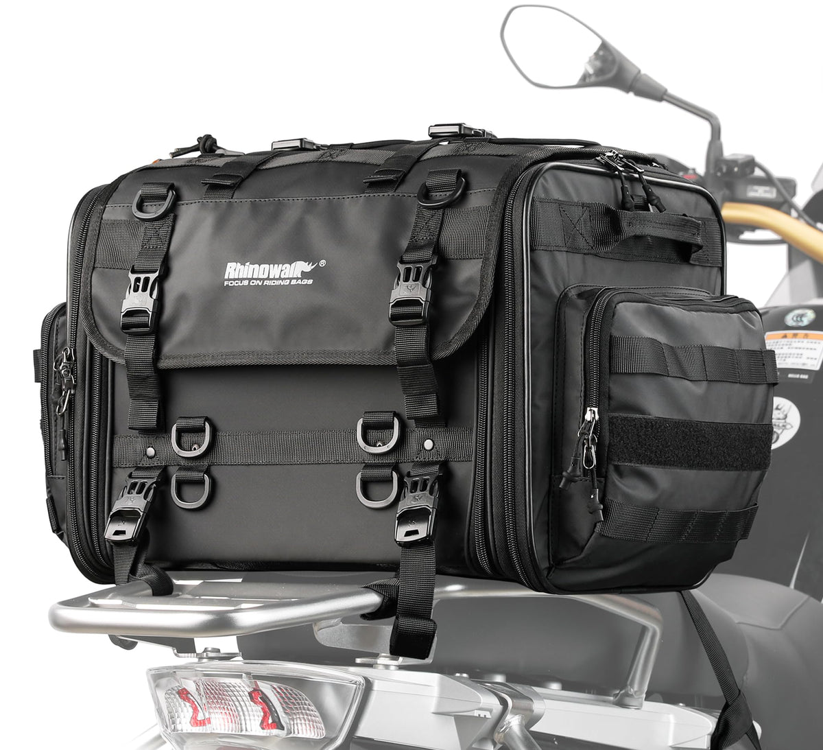 Rhinowalk Motorcycle Tail Bag, Expandable Motorcycle Travel Luggage Bags 60L, Waterproof All-Weather Trunk Rack Bag with Sissy Bar Straps & Helmet Rain Cover-Black