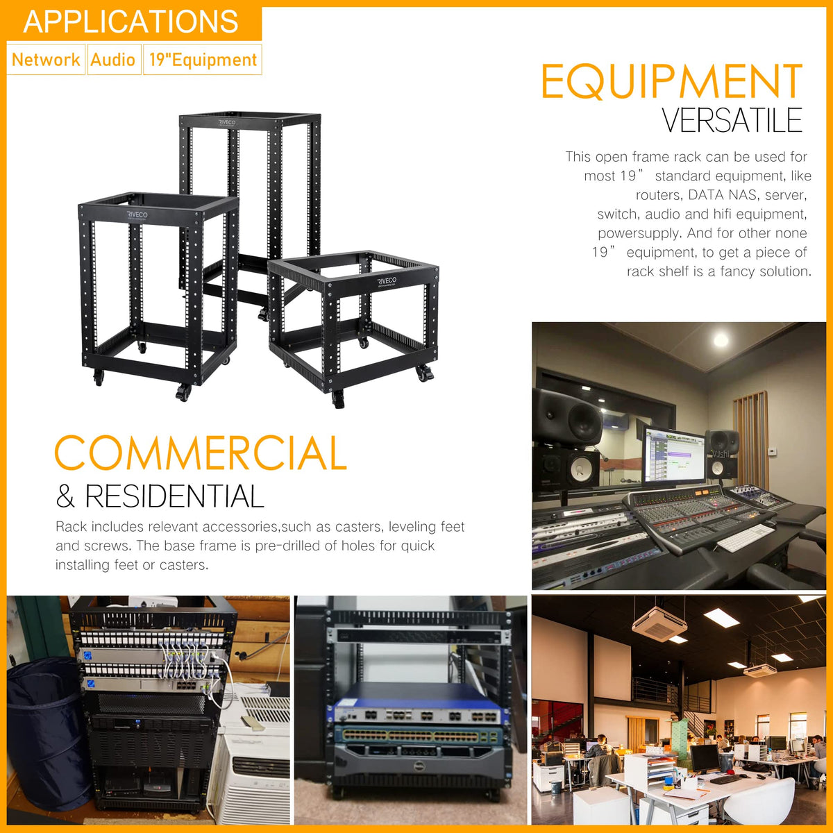 RIVECO 6U Open Frame Server Rack with Wheels- Heavy Duty 4 Post Quick Assembly 19-inch Support 600KG Equipment Home Network Cabinet Black