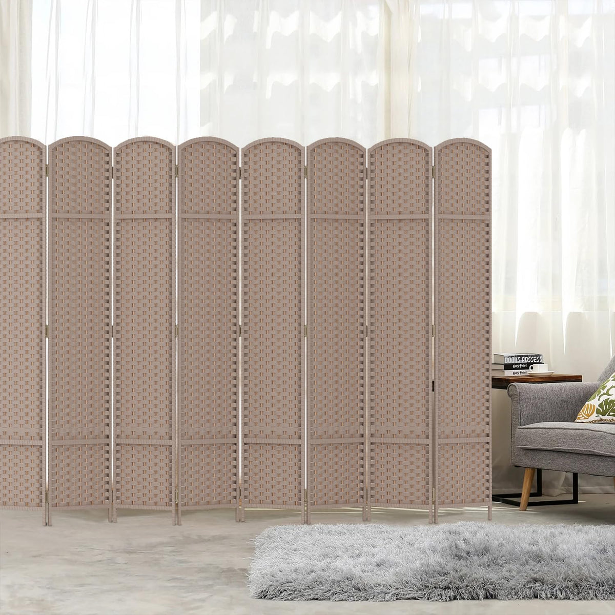 Room Divider 8 Panel Screen 5.6 Ft Tall Partition Room Dividers Beige Privacy Screens Folding Room Separation Free Standing Waterproof Wood Frame Wall Divider