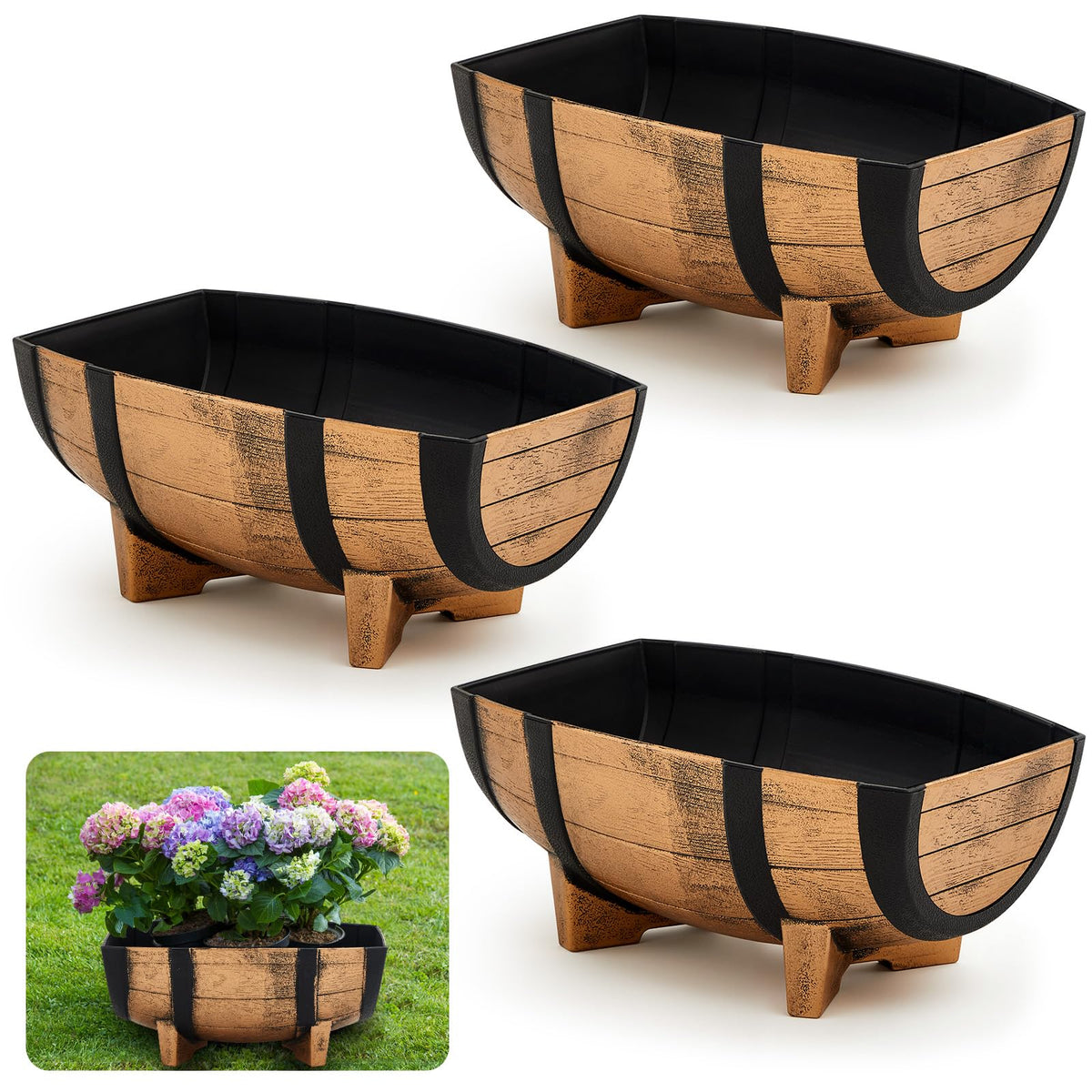 Set of 4 Whiskey Barrel Planters Half Barrel Planter with Removable Drain Screen Plant Flower Pot Weather Resistant Plastic Wine Planter Containers for Indoor Outdoor Garden, 16.14 x 11.8 x 7.28 Inch
