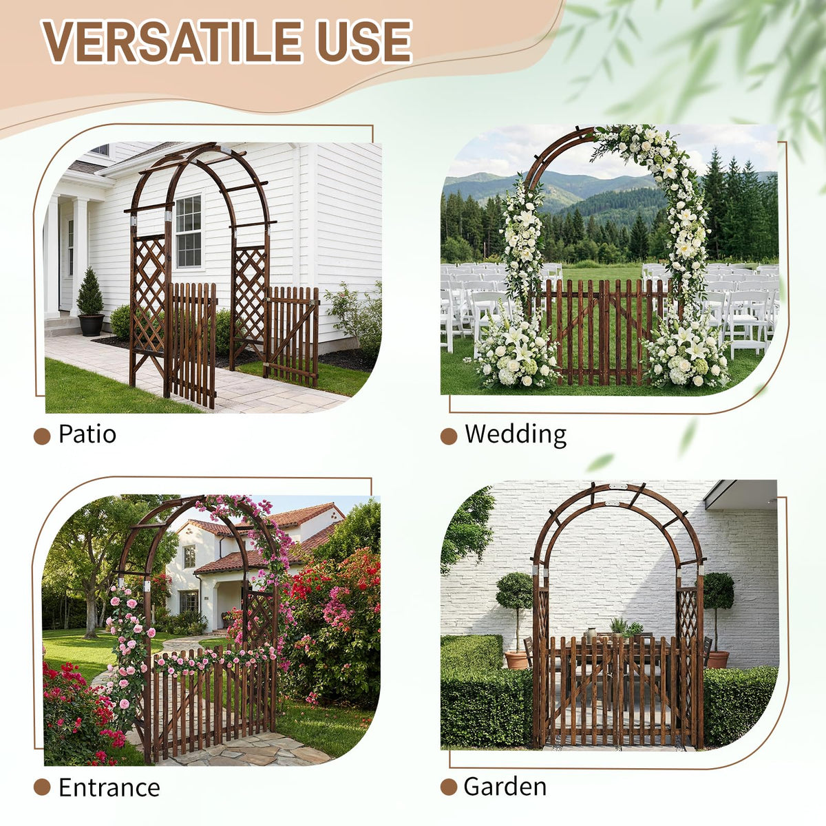 VINGLI Wooden Garden Arbor, Heavy Duty Outdoor Frame Trellis with Gate for Ceremony, Wood Trellis Garden Arch Pergola for Plant Climbing, Patio, Lawn, Wedding