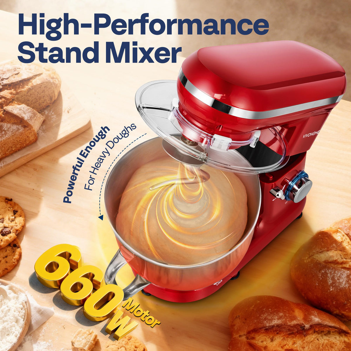 VIVOHOME Stand Mixer, 660W 10 Speed 6 Quart Tilt-Head Kitchen Electric Food Mixer with Beater, Dough Hook, Wire Whip and Egg Separator, Red
