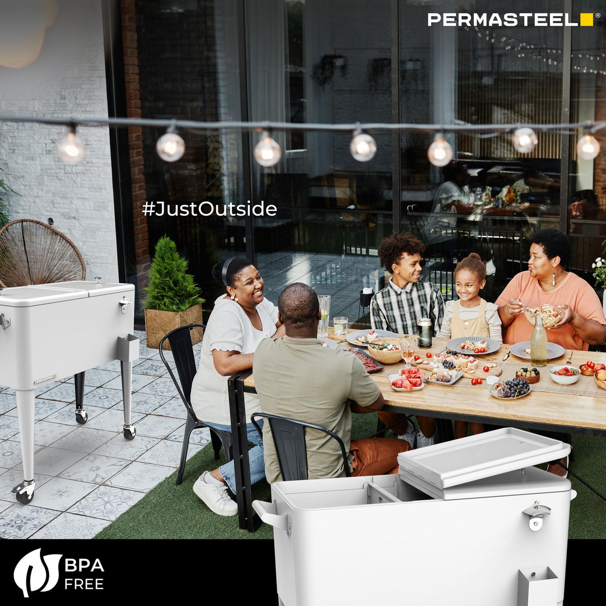 Permasteel Party Cooler with Divider, Spacious 80-Qt Capacity, Chills 36hrs, Serving Tray, Rolling Ice Chest for Indoor and Outdoor Entertainment, Matte White