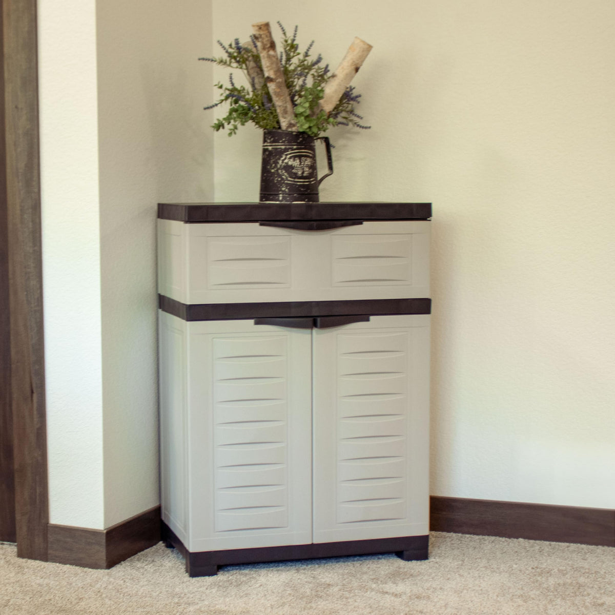 Sunnydaze 34.5" H Resin Garage Storage Cabinet - Garage Cabinet with Adjustable Shelf - Freestanding Utility Storage for Laundry Room, Office, Basement - Gray