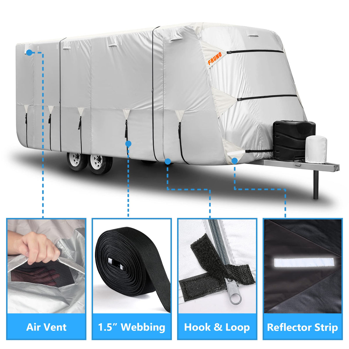 FRUNO Oxford Fabric Travel Trailer Cover RV Cover 22'-24' Waterproof Rip-Resistant Anti-UV Camper Cover for Winter Snow with Jack Cover 4 Tire Covers and Gutter Covers