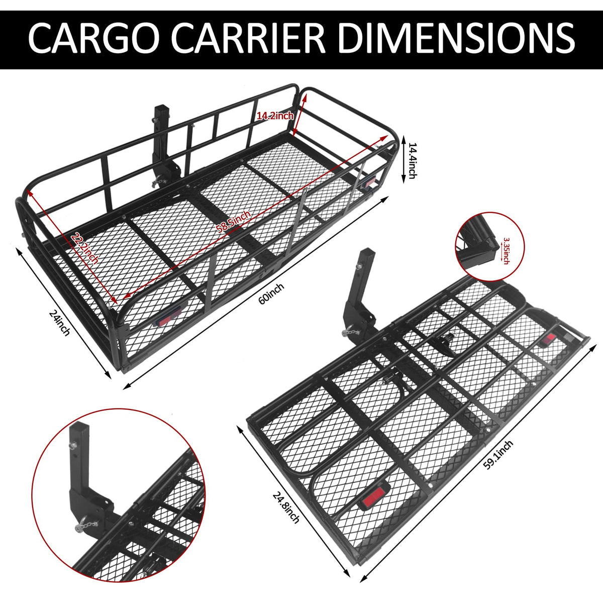 Carivia Folding Hitch Mount Cargo Carrier 60" x 24" x 14" 510 LB Capacity Heavy Duty Cargo Rack Rear Luggage Basket Fits 2" Receiver for Car SUV Pickup Trailer Camping