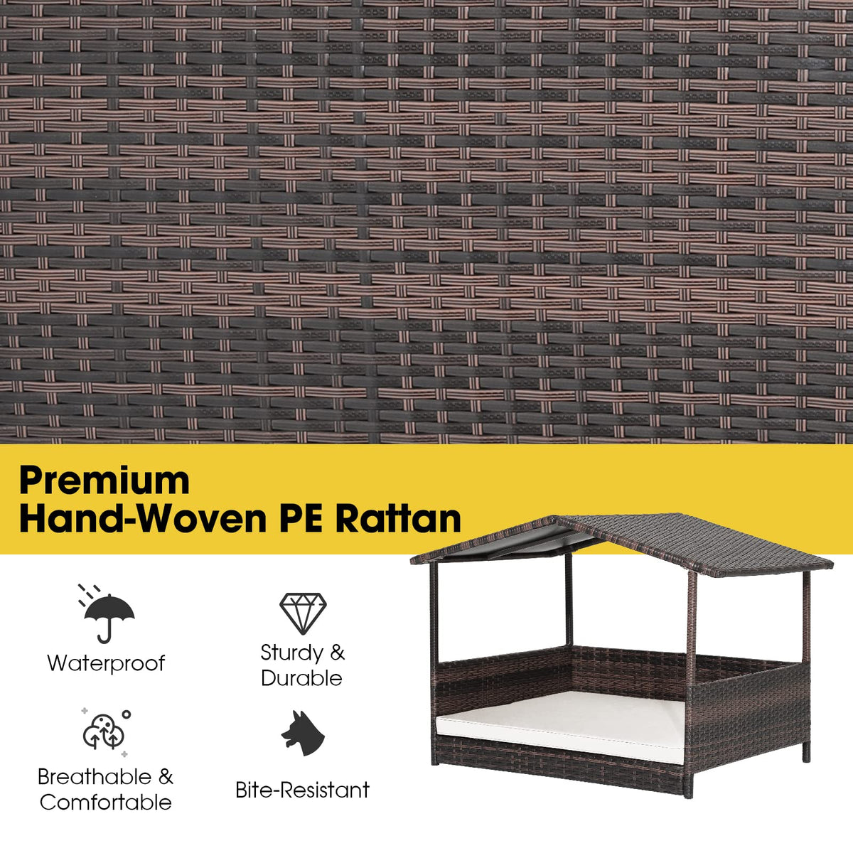 PETSITE Wicker Elevated Dog Bed with Weatherproof Roof, Raised Rattan Pet House Indoor/Outdoor with Removable Cushion Lounge for Small, Medium Dogs
