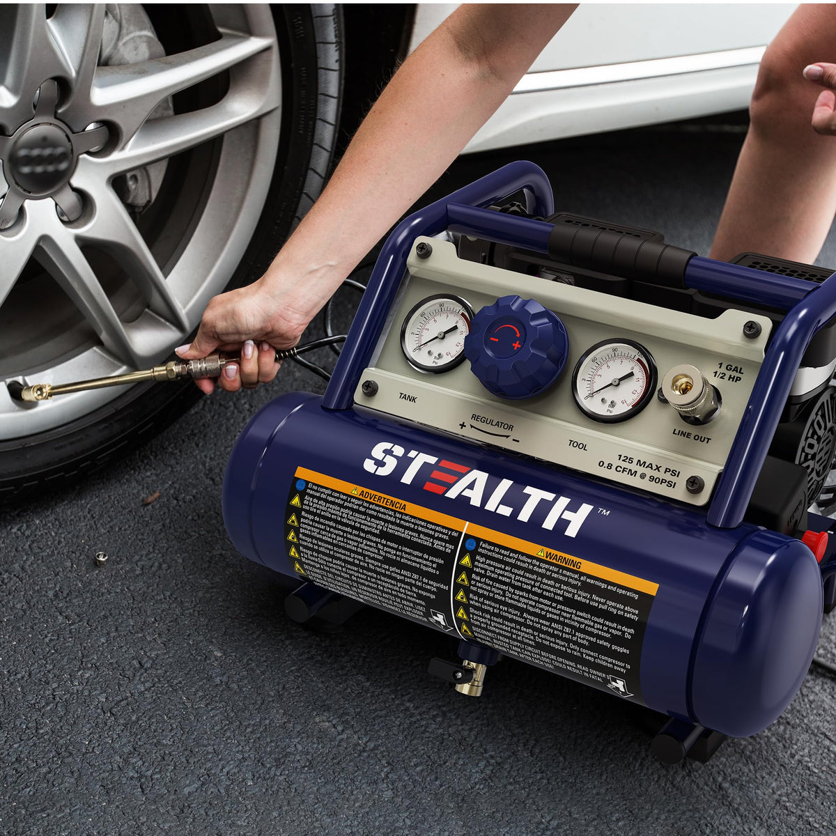 STEALTH Air Compressor 1 Gallon, 1/2HP Max 125 PSI, Induction Motor, 0.8 CFM@90PSI, 1.3 CFM@40PSI, Oil-Free Maintenance Free Light Weight Electric Air Tools for Drilling, Nailing, Grinding, SAUQ-1105