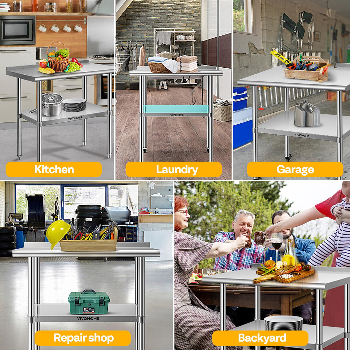 VIVOHOME 24 x 36 Inch Stainless Steel Work Table with Backsplash, Prep Commercial Table with Wheels for Restaurant, Hotel, Home and Warehouse